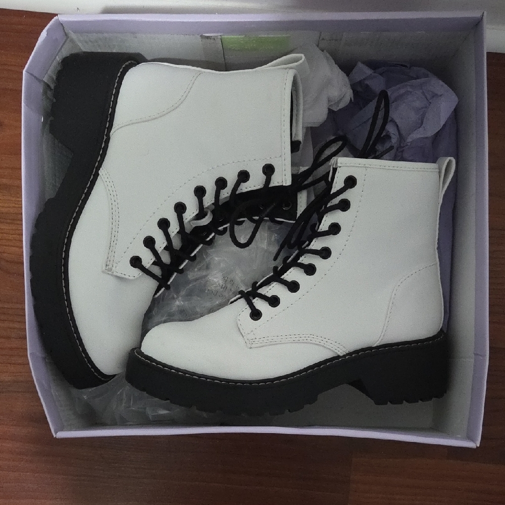 Madden Girl White Lace-Up Combat Boots with Black Sole